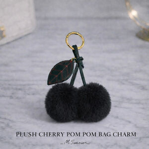 NEW Plush Cherry Pom Pom Bag Charm Keychain | Faux Fur | Black